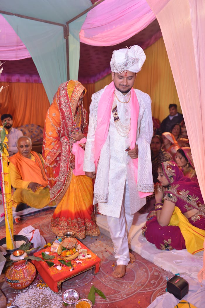 Vibrant Indian wedding ceremony featuring traditional attire and rituals.